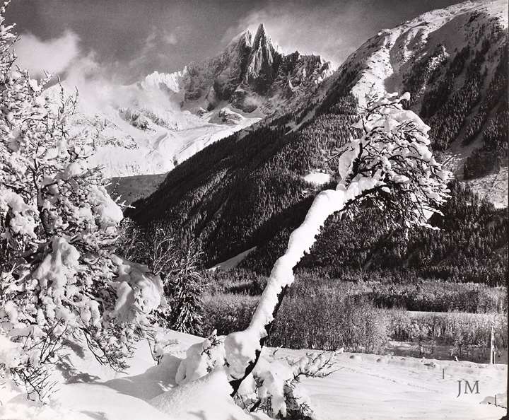 Winter in Le Praz with the Aiguille de Dru, Chamonix, France.
